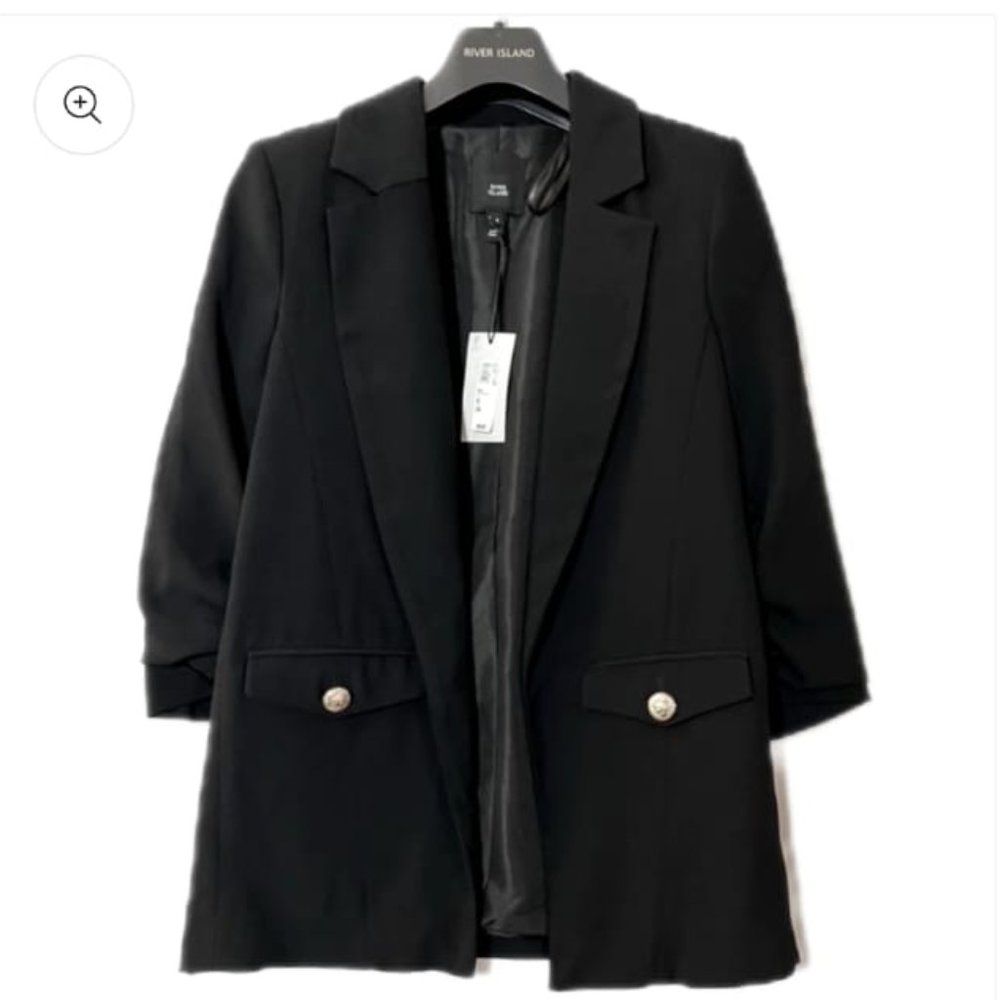 River Island Black Blazer with Ruched Sleeves Size (UK 8/ EUR 34) - tags removed